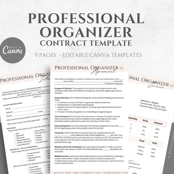 Editable Professional Organizer Contract Template, Client Intake Form, Organizing Service Agreement, Invoice Template, Canva editable