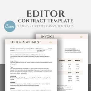 May include: Editor Contract Template with "Editor Agreement" and "Invoice" documents. The documents are beige with black text and gold accents. The Canva logo is visible. The invoice shows a total of £725.