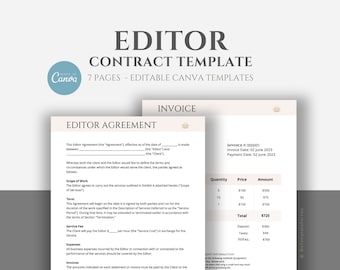 Editable Editor Contract Template, Freelance Editor Service Agreement, Proofreader Services Forms, Editorial Work Contract, Canva Template