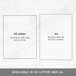 Puede incluir: Dos rect&aacute;ngulos blancos con contornos negros, cada uno mostrando las dimensiones de un papel est&aacute;ndar US Letter y A4 en pulgadas y mil&iacute;metros. El texto "AVAILABLE IN US LETTER AND A4" est&aacute; debajo de los rect&aacute;ngulos.