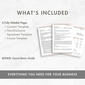 Puede incluir: Una descarga digital de 8 p&aacute;ginas totalmente editables para un administrador de redes sociales. Las p&aacute;ginas incluyen una plantilla de contrato, una plantilla de acuerdo de confidencialidad y una plantilla de factura. La imagen tambi&eacute;n incluye el texto "WHAT'S INCLUDED" y "BONUS: Canva Basics Guide".