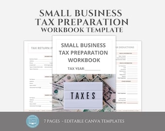 Editable Small Business Tax Preparation Workbook Template, Entrepreneur Tax Return Checklist, Tax Deductions Worksheet, Canva editable