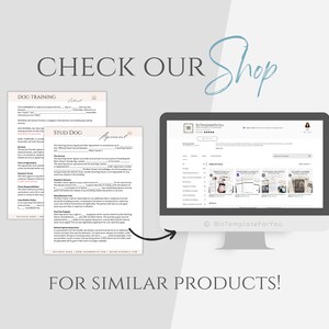 May include: A computer screen displaying a website with a variety of printable documents, including a dog training agreement and a stud dog agreement. The website is called "BizTemplateForYou" and the text "CHECK OUR Shop" is displayed above the screen. The text "FOR SIMILAR PRODUCTS!" is displayed below the screen.