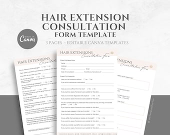 Könnte beinhalten: Eine dreiseitige Vorlage für ein Haarverlängerungs-Beratungsformular, die für die Verwendung mit Canva konzipiert ist. Die Vorlage enthält Kundeninformationen, die Haargeschichte des Kunden und Fragen zu Allergien und medizinischen Bedingungen.