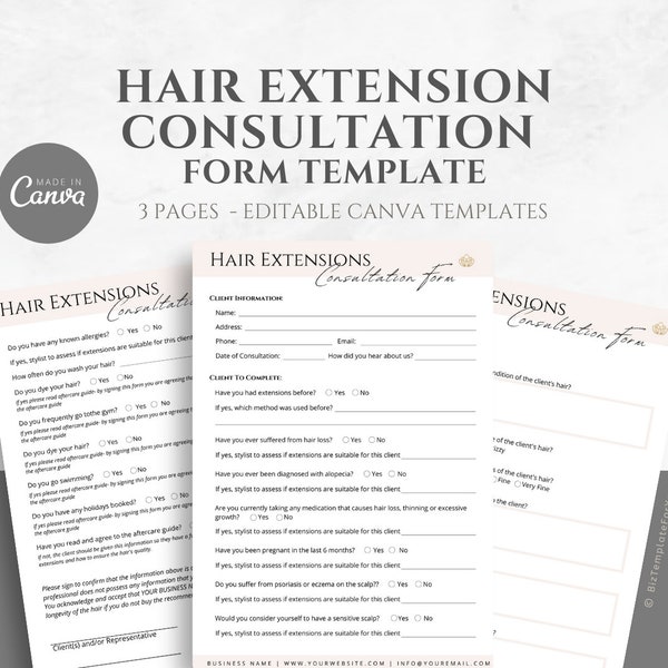 Fully Editable Hair Extension Consultation Form Template for Hairstylists. Easily editable in Canva. Hair Extension Client Intake Form