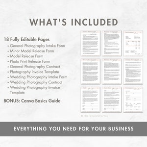 May include: A digital download of 18 fully editable pages for photography businesses, including intake forms, release forms, contracts, invoices, and a Canva basics guide. The text "WHAT'S INCLUDED" is at the top of the image, and the text "EVERYTHING YOU NEED FOR YOUR BUSINESS" is at the bottom of the image.
