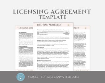 May include: A licensing agreement template with 8 pages, editable in Canva. The template is designed for use with intellectual property rights and includes sections for terms and termination, scope of license, royalty payments, and non-exclusive license.