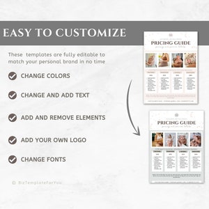 May include: A digital template for a pricing guide for photography services. The template features a pink and white color scheme with a confetti design. The text "PRICING GUIDE" is displayed at the top of the template. The template is fully customizable and can be edited to match your personal brand.