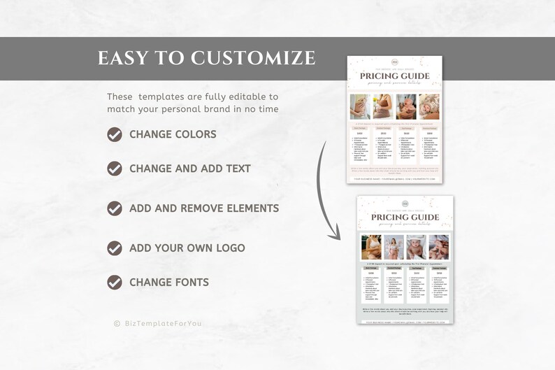 May include: A digital template for a pricing guide for photography services. The template features a pink and white color scheme with a confetti design. The text "PRICING GUIDE" is displayed at the top of the template. The template is fully customizable and can be edited to match your personal brand.