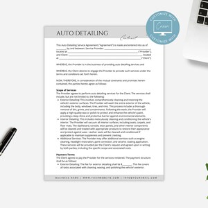 May include: A black and white contract for auto detailing services. The contract includes the scope of services, payment terms, and contact information for the business.
