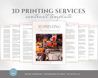 3D Printing Services Agreement Template, Contract for 3D Print Businesses & Freelancers, Custom 3D Printing Service Form, Canva Template