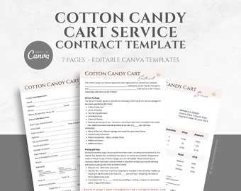 May include: A printable contract template for cotton candy cart services. The template includes a contract, invoice, and client information form. The document is designed in a minimalist style with a light beige background and gold accents.