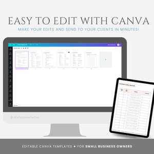 May include: A computer screen displaying a Canva design template with a text box that says "EASY TO EDIT WITH CANVA" and a tablet displaying a "Contractions Tracker" spreadsheet. The text below the image says "EDITABLE CANVA TEMPLATES FOR SMALL BUSINESS OWNERS".
