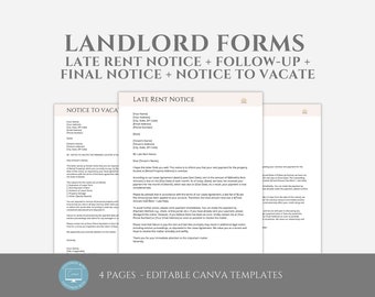 Editable Landlord Forms Templates - Late Rent Notice, Follow-Up Notice, Final Notice, Notice to Vacate, Canva editable, Rental Business