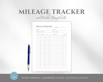 May include: A white mileage tracker template with the words "MILEAGE TRACKER" at the top. A blue pen is on the left side of the tracker. The text "editable template" is above the tracker. The bottom of the image says "INSTANT DOWNLOAD • CUSTOMIZABLE IN CANVA • US LETTER, A4, A5 & HALF".