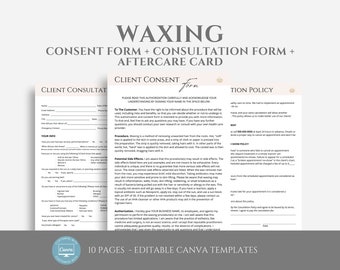 May include: A set of 10 printable, editable Canva templates for waxing services. The templates include a client consultation form, a consent form, and an aftercare card. The templates are designed to be used by beauty professionals.