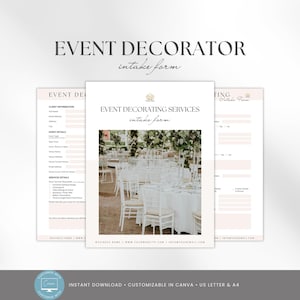 Könnte beinhalten: Ein Satz von Aufnahmeformularen für Event-Dekorateure. Die Formulare sind in einer weichen, neutralen Farbpalette mit eleganter Typografie gehalten. Das zentrale Formular zeigt ein Foto eines dekorierten Veranstaltungsortes. Der Text "EVENT DECORATOR intake form" steht oben.