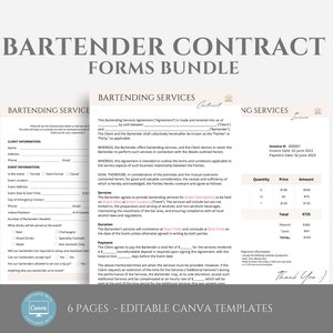 May include: A set of six printable, editable Canva templates for a bartender contract. The templates include sections for client information, event information, services, payment, and an invoice. The text on the page reads "Bartender Contract Forms Bundle".