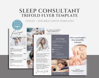 May include: A trifold flyer template for sleep consultants. The flyer features a gray and white color scheme with images of sleeping babies and a woman. The text on the flyer includes the words "Sleep Consultant", "Packages", "About Me", "Let's Chat", and "Does a good night's sleep sound like a dream?"