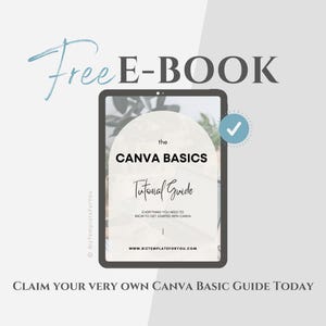 Op de afbeelding: Een digitale illustratie van een tabletscherm waarop een gratis e-book wordt weergegeven met de titel "The Canva Basics Tutorial Guide". De e-bookcover toont een groene plant en de tekst "Alles wat je nodig hebt om aan de slag te gaan met Canva".