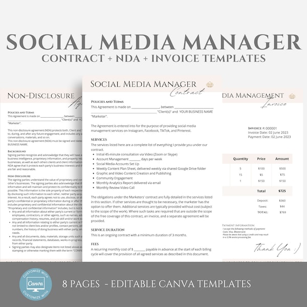 Editable Social Media Manager Contract Template, Freelance Social Media Management Agreement, Non Disclosure and Invoice Canva Template