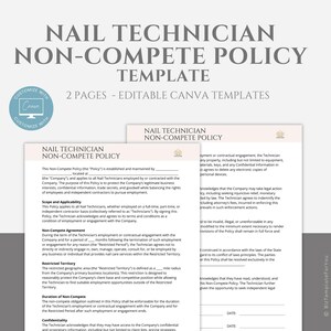 Editable Nail Technician Non-Compete Policy Template, Esthetician Business Forms, Nail Services Forms, Nail Technician Forms, Canva editable