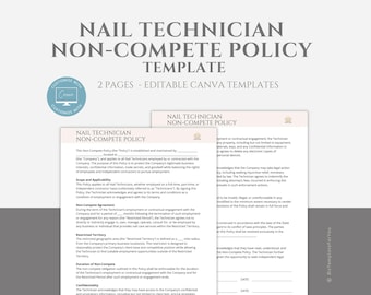 Editable Nail Technician Non-Compete Policy Template, Esthetician Business Forms, Nail Services Forms, Nail Technician Forms, Canva editable