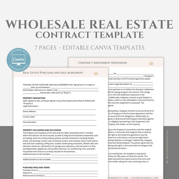 Editable Wholesale Real Estate Contract Template, Realtor Purchase and Sale Agreement, Contract Assignment Addendum, Canva editable