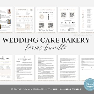 May include: A set of 10 editable Canva templates for wedding cake bakeries. The templates are designed for small business owners and include forms for wedding cake orders, pricing lists, and invoices. The templates are customisable and can be used to create professional-looking documents.
