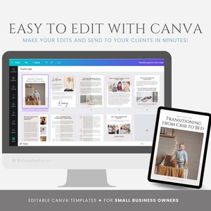 May include: A computer screen displaying a Canva template for a guide on transitioning from a crib to a bed. The template includes text, images, and a welcome page. A tablet shows a preview of the guide with the title "Transitioning from Crib to Bed".