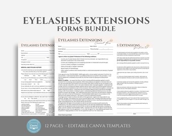 May include: A set of 12 printable forms for eyelash extensions businesses. The forms are editable Canva templates and include a consent form, medical history form, and aftercare instructions.