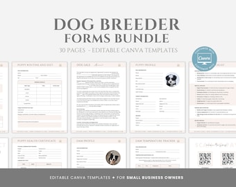 Editable Dog Breeder Forms Bundle, Puppy Sale Agreement, Dog Whelping Charts, Puppy Medical Records, Dog Sale Contract, Canva editable