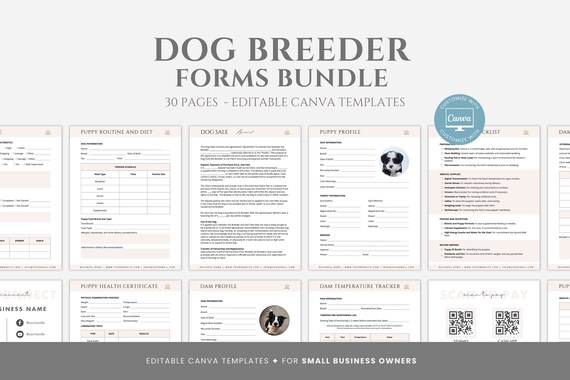 Editable Dog Breeder Forms Bundle, Puppy Sale Agreement, Dog Whelping Charts, Puppy Medical Records, Dog Sale Contract, Canva editable