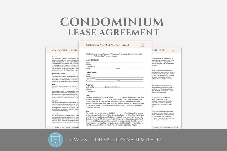 Editable Condominium Lease Agreement Template, Condo Rental Contract, Landlord Forms, Rental ...