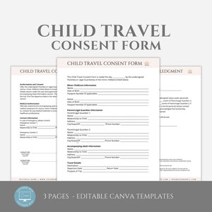 Editable Child Travel Consent Form, Minor Travel Consent Form, Child Travel Authorization Form, Travel Permission,  Canva Template