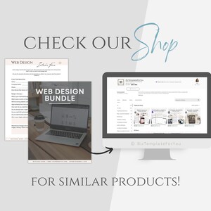以下が含まれることがあります： 「Web Design Bundle」というテキストが表示されたウェブデザインバンドルを表示しているラップトップコンピューター。ラップトップは、コーヒーカップのある木製のテーブルの上に置かれています。矢印は、「BizTemplateForYou」というテキストと、さまざまなウェブデザインテンプレートが表示されたウェブサイトを表示しているコンピューター画面を指しています。画像の上に「CHECK OUR Shop」と「FOR SIMILAR PRODUCTS!」というテキストが表示されています。