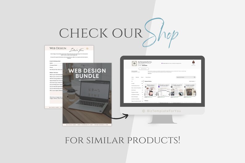 以下が含まれることがあります： 「Web Design Bundle」というテキストが表示されたウェブデザインバンドルを表示しているラップトップコンピューター。ラップトップは、コーヒーカップのある木製のテーブルの上に置かれています。矢印は、「BizTemplateForYou」というテキストと、さまざまなウェブデザインテンプレートが表示されたウェブサイトを表示しているコンピューター画面を指しています。画像の上に「CHECK OUR Shop」と「FOR SIMILAR PRODUCTS!」というテキストが表示されています。
