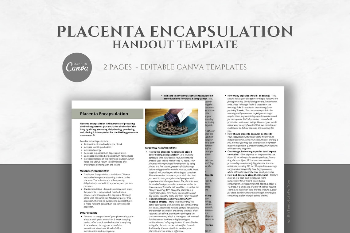 Placenta Encapsulation Handout Template for Doulas, Midwives, and Other ...