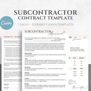 Editable Subcontractor Agreement Template Subcontractor Contract Independent Contractor Agreement Small Business Template Canva editable
