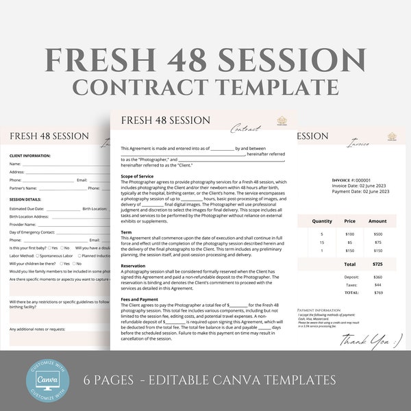 Editable Fresh 48 Photography Session Contract Template, Including Intake Form & Invoice. Canva for Freelance Photographers, First 48 Sessio