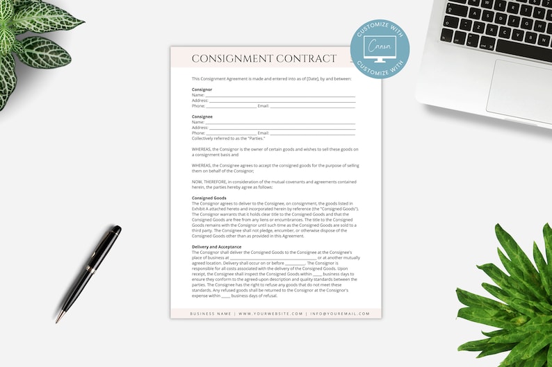 Furniture consignment contract with organized inventory and business information