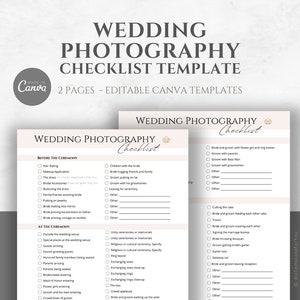 Editable Wedding Photography Checklist Template, Wedding Photographer Shot List, Cheat Sheet for Freelance Photographers, editable in Canva