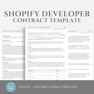 May include: A six-page editable Canva template for a Shopify developer contract. The template includes sections for services, pricing, payment methods, late payment fees, client obligations, confidentiality, termination, and more. The template is designed to help Shopify developers create professional and legally sound contracts with their clients.
