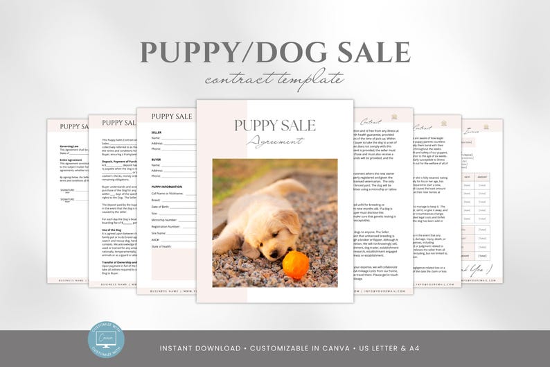Puppy Sale Contract Template, Editable Puppy Adoption Agreement, Dog Breeder Contract Forms, Puppy Contract of Sale, Canva editable image 1
