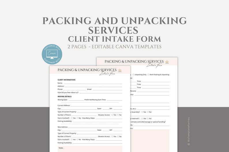 Packing Form Drawing Editable Packing and Unpacking Client Intake Form Template, Moving ...