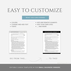 May include: A graphic demonstrating how to customise a Canva template for an auto detailing business. The template is a contract for auto detailing services. The text on the graphic says "Easy to customise" and "What you can change: Colours, Change and add text, Fonts, Add and remove elements, Add your own logo, ...and more!" The graphic shows a before and after example of the template. The before example is a simple, black and white template. The after example is a more colourful and professional template. The text on the graphic also says "Go from this... to this!"
