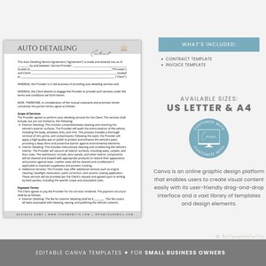 May include: Editable Canva templates for small business owners, featuring a contract and invoice template for auto detailing services. The templates are available in US Letter and A4 sizes and can be customised with Canva.