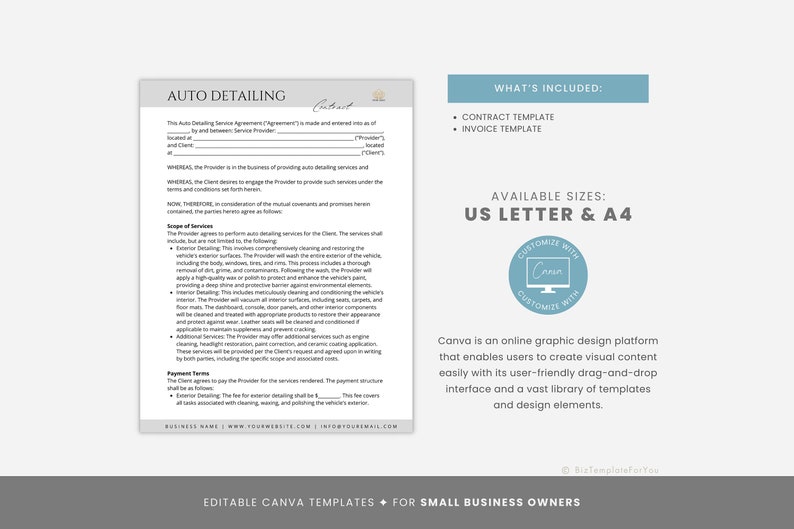 May include: Editable Canva templates for small business owners, featuring a contract and invoice template for auto detailing services. The templates are available in US Letter and A4 sizes and can be customised with Canva.