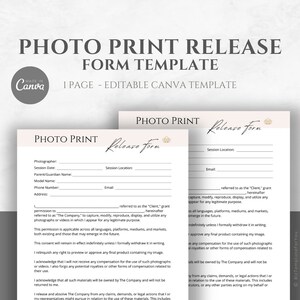 Editable Photo Print Release Form Template for Photographers, Print Release Document, Photography Business Form Canva Template, Photographer