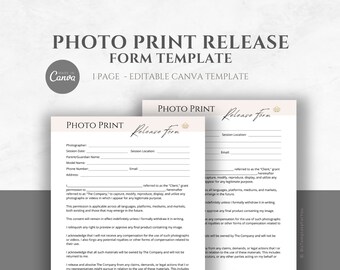 Editable Photo Print Release Form Template for Photographers, Print Release Document, Photography Business Form Canva Template, Photographer